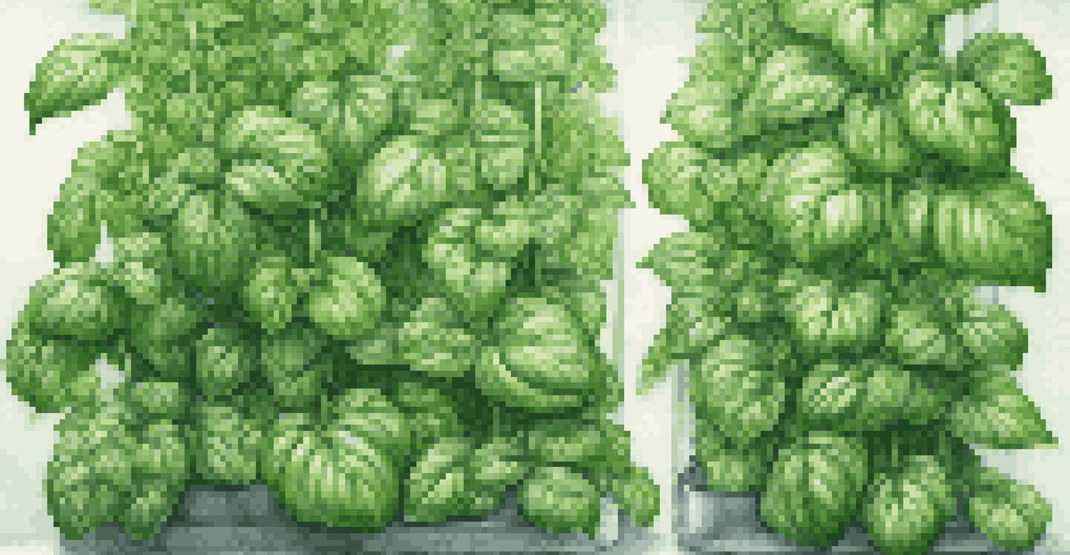 Close-up of a vertical hydroponic garden with basil and mint plants, highlighting the vibrant green leaves and textures.