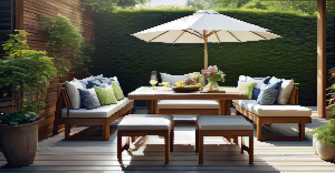 An outdoor furniture set made of teak wood, with a slatted dining table and cushioned chairs, in a lush garden during sunset.