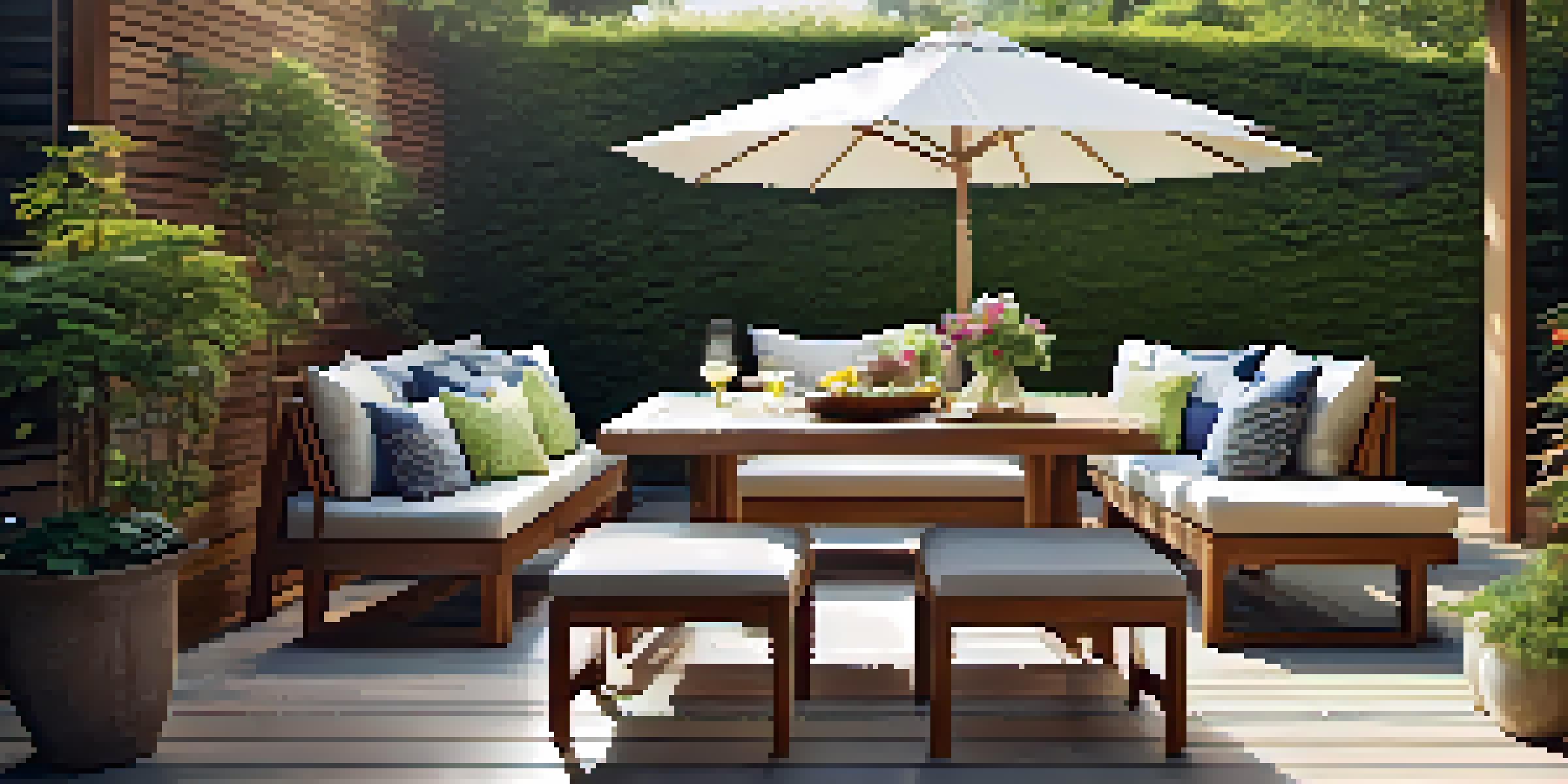An outdoor furniture set made of teak wood, with a slatted dining table and cushioned chairs, in a lush garden during sunset.