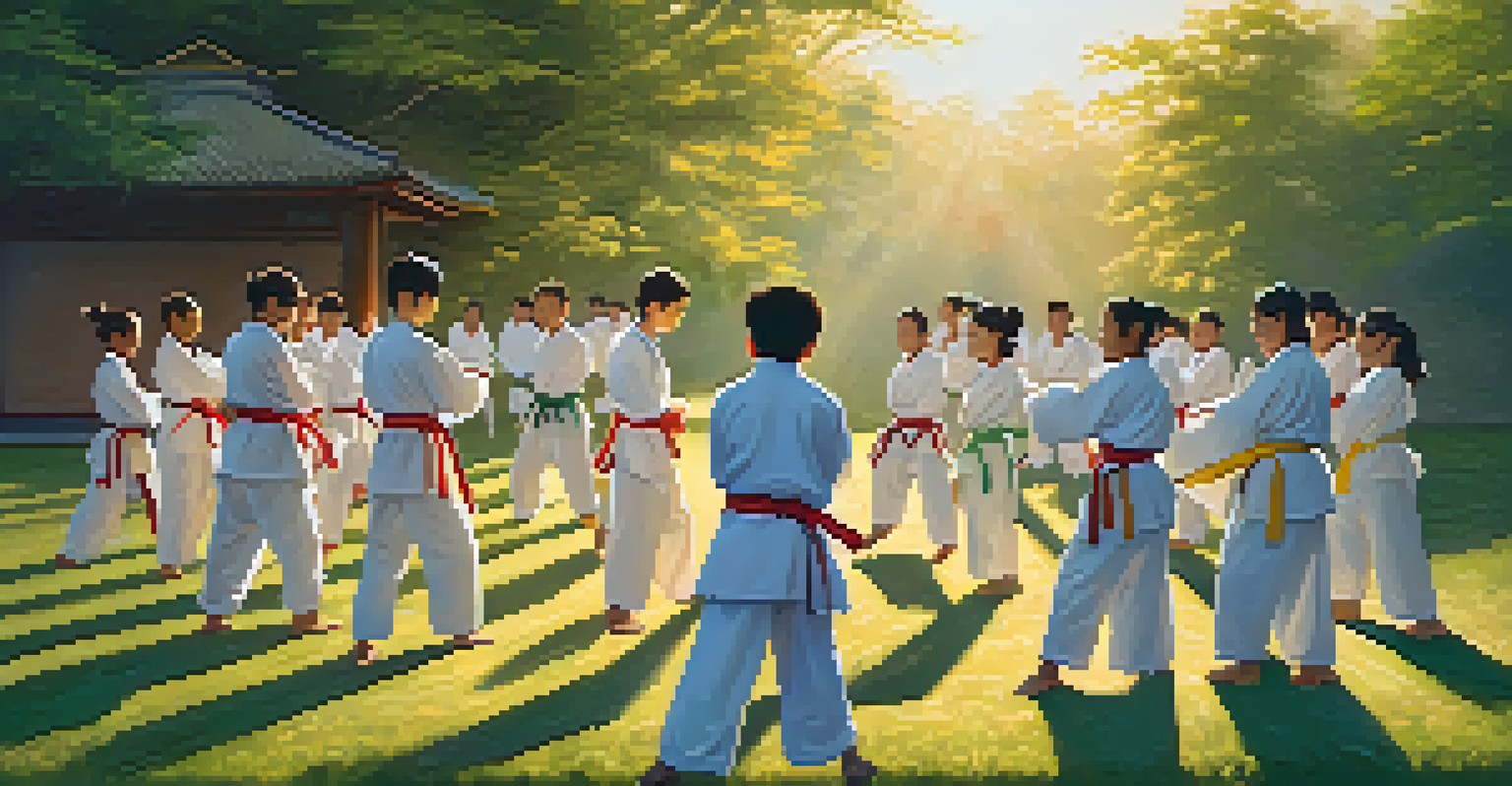 Students practicing martial arts outdoors at sunrise with their sensei, surrounded by greenery.