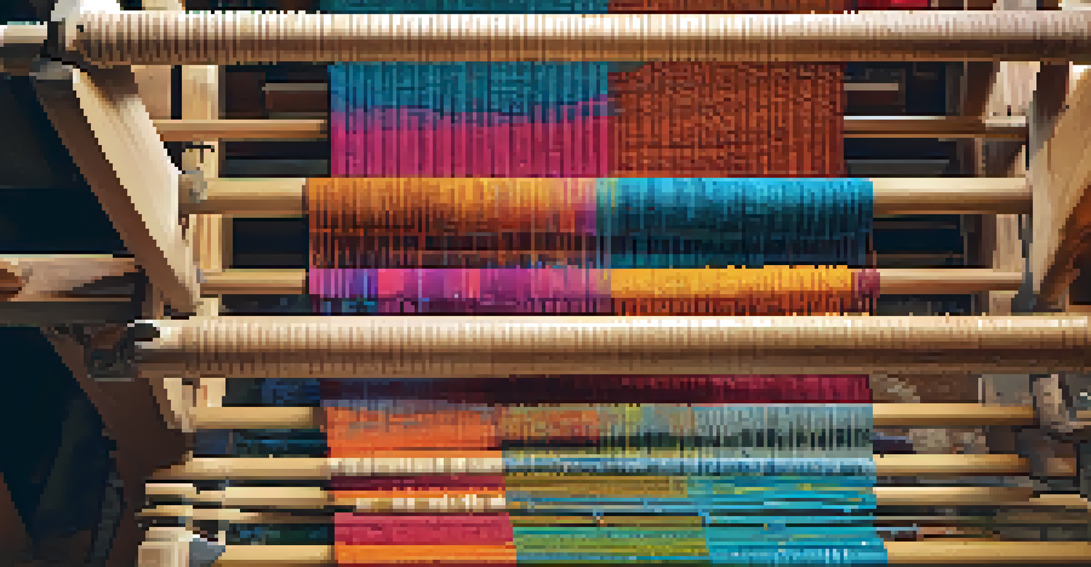 A close-up of a handwoven rug showing the over-under technique, with colorful yarn and hands weaving on a loom.