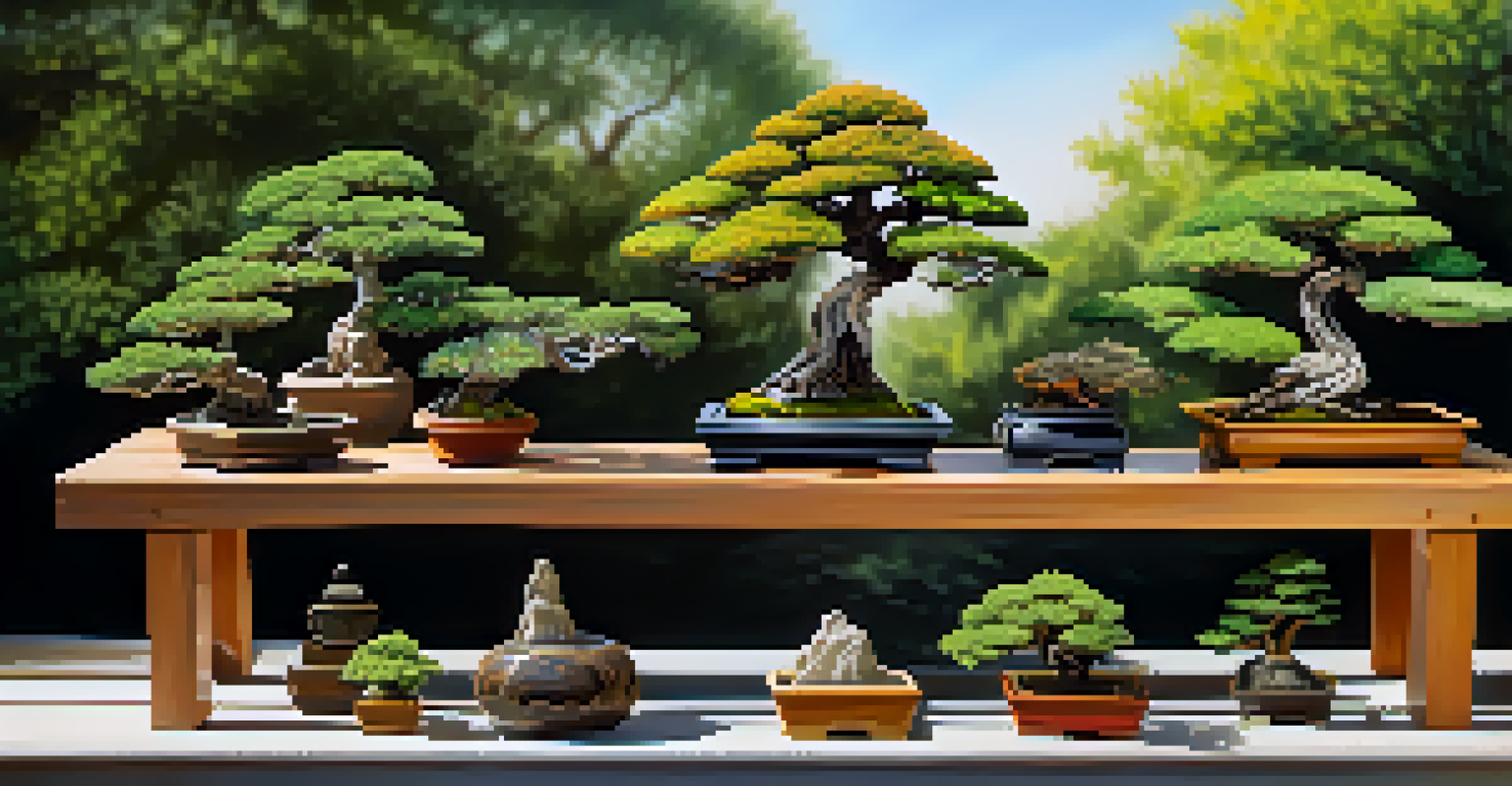 A collection of various bonsai trees displayed outdoors on a wooden bench in a garden.