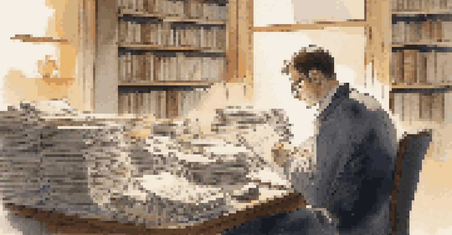 A researcher at a desk with stacks of books and a laptop, writing notes with a cup of coffee nearby.