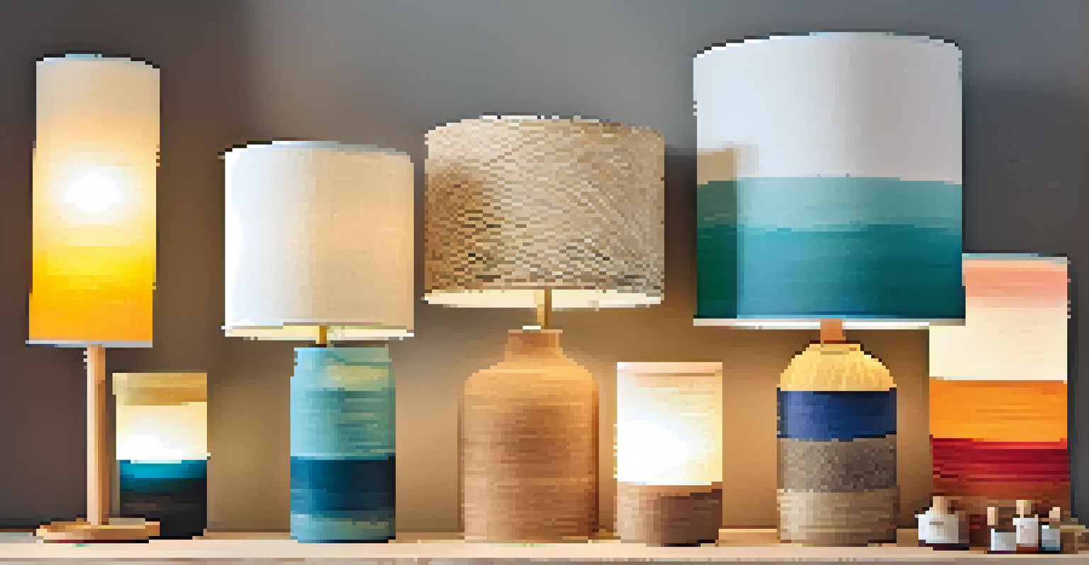 A craft room showcasing various DIY lampshades made from bamboo, paper, and recycled materials.