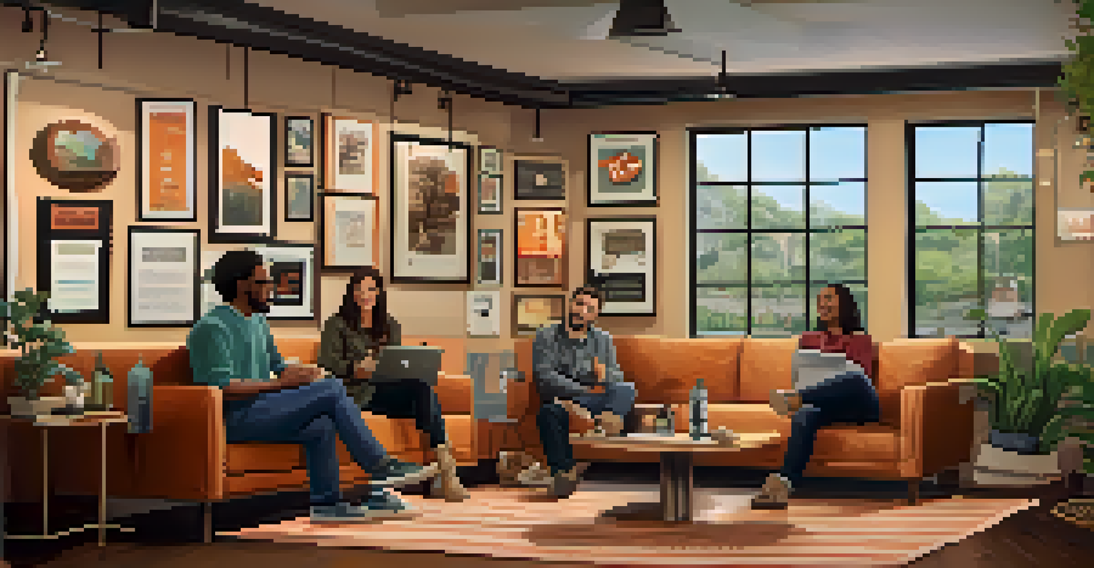 A welcoming community space for podcast listeners, with cozy seating and posters of various podcasts on the walls, fostering a sense of belonging.