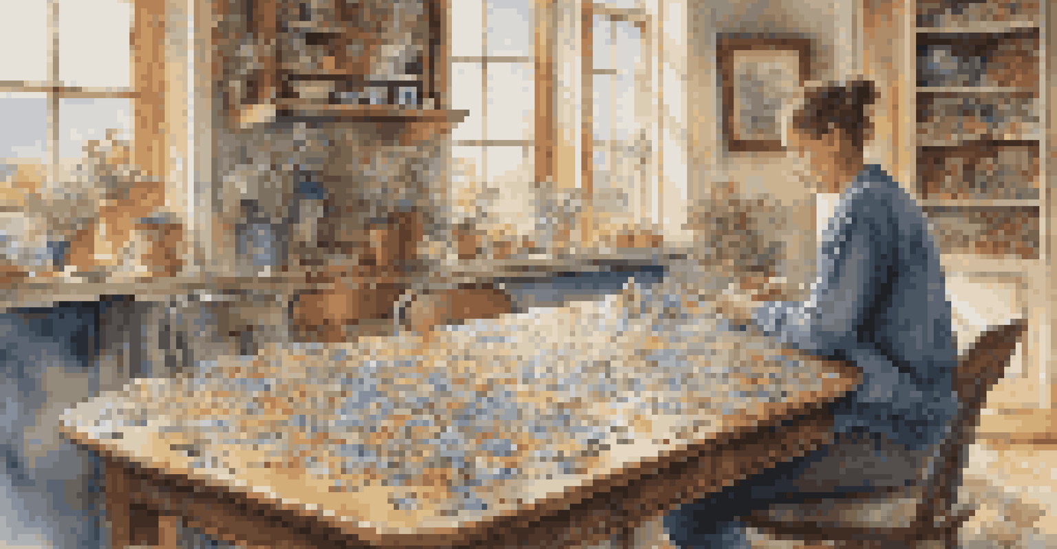 A person concentrating on assembling a puzzle at a table filled with colorful pieces.