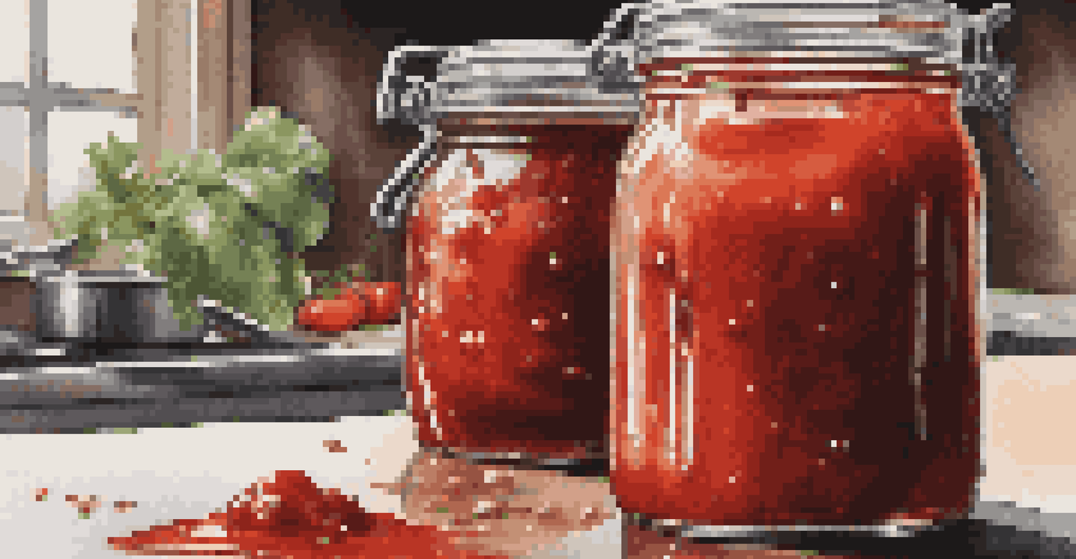 A close-up of a jar containing bubbling homemade hot sauce, highlighting the fermentation process, with a soft kitchen background.