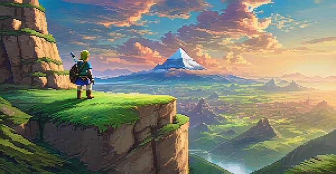 A lone adventurer climbs a mountain in Hyrule, overlooking a vast landscape with mountains, valleys, and an enchanting sunset sky.