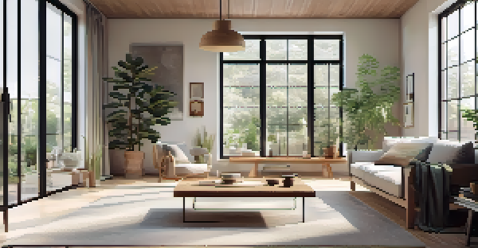 A bright and peaceful minimalist living room with plants, large windows, and a cozy reading nook, reflecting a mindful lifestyle.