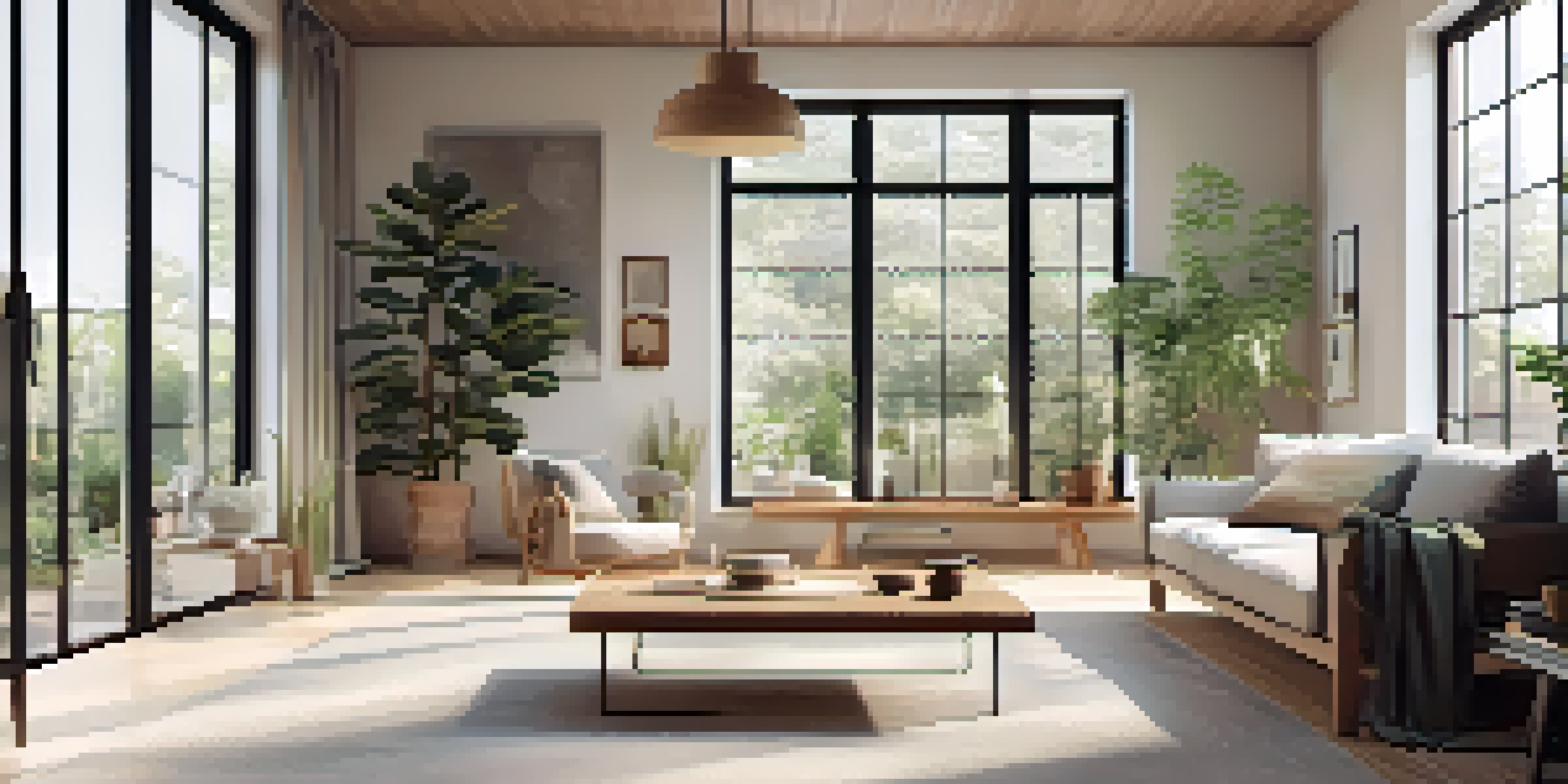 A bright and peaceful minimalist living room with plants, large windows, and a cozy reading nook, reflecting a mindful lifestyle.