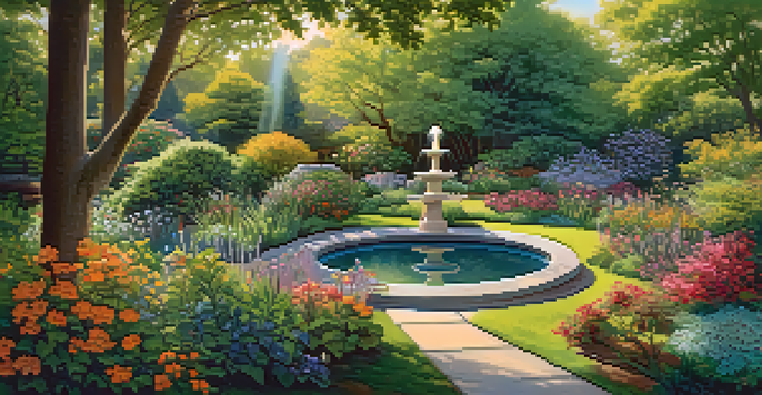 A colorful garden filled with various native plants and birds, with a birdbath in the center reflecting sunlight.
