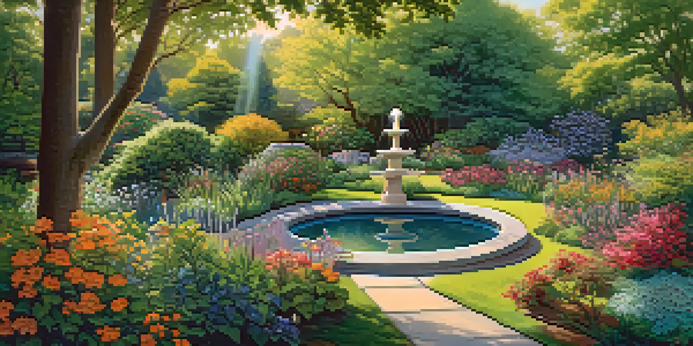 A colorful garden filled with various native plants and birds, with a birdbath in the center reflecting sunlight.