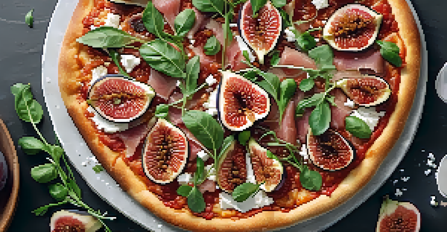 A gourmet pizza topped with figs, prosciutto, and arugula viewed from above.