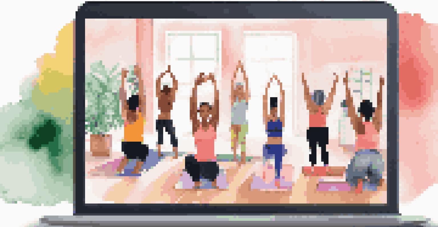 A laptop screen showing a virtual fitness class with people stretching at home, surrounded by exercise equipment.