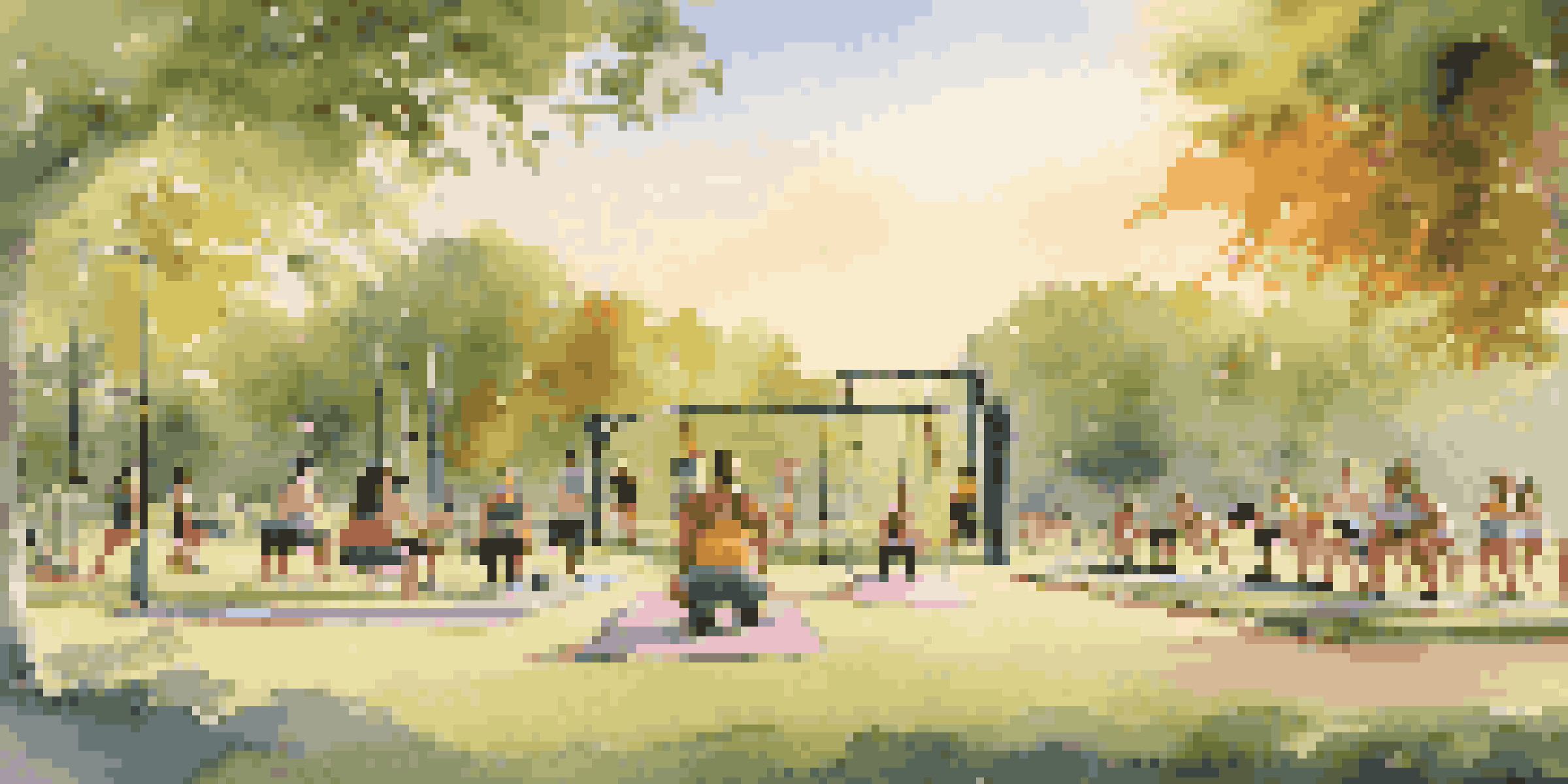 A diverse group of people exercising in a park, each using different workout equipment tailored to their personal fitness goals, with a warm sunset in the background.