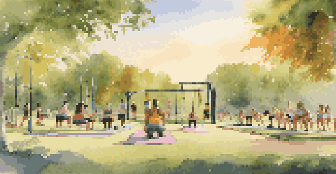 A diverse group of people exercising in a park, each using different workout equipment tailored to their personal fitness goals, with a warm sunset in the background.