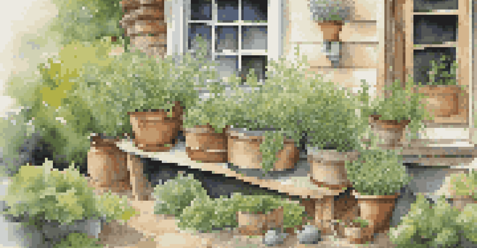 An outdoor herb garden with various eco-friendly containers set against a cottage backdrop.