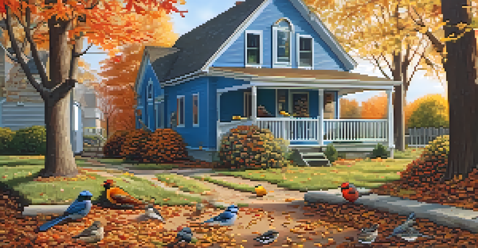 An autumn backyard filled with colorful leaves, birds foraging on the ground, and a feeder filled with sunflower seeds.
