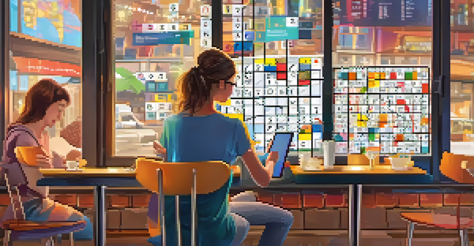 A young adult in a café solving a Sudoku puzzle on a tablet, surrounded by a lively atmosphere.