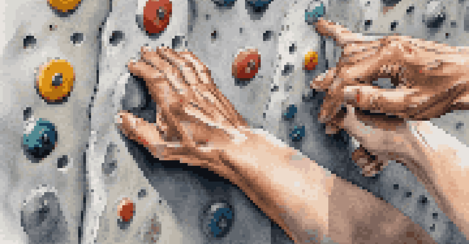 A close-up of a climber's hands using different grip techniques on a climbing wall, showcasing the details and textures.