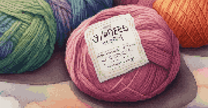 A colorful yarn label with detailed information displayed in a cozy crafting space.