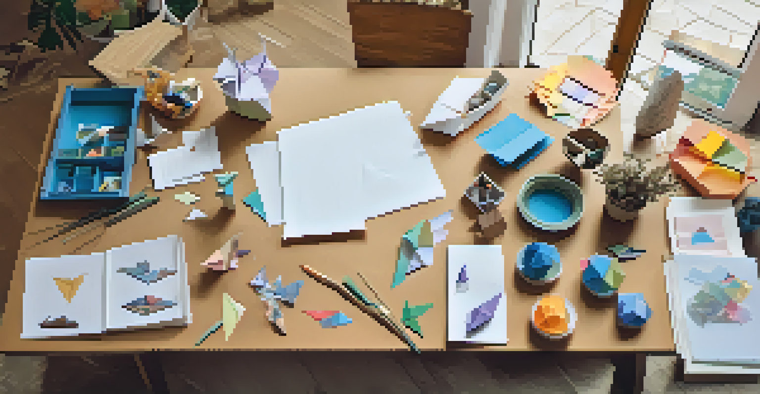 An overhead view of a workspace for an origami workshop, featuring colorful paper, scissors, and completed origami projects like a dragon and a boat.