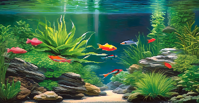 A peaceful underwater scene with green plants and colorful fish in a clear aquarium.