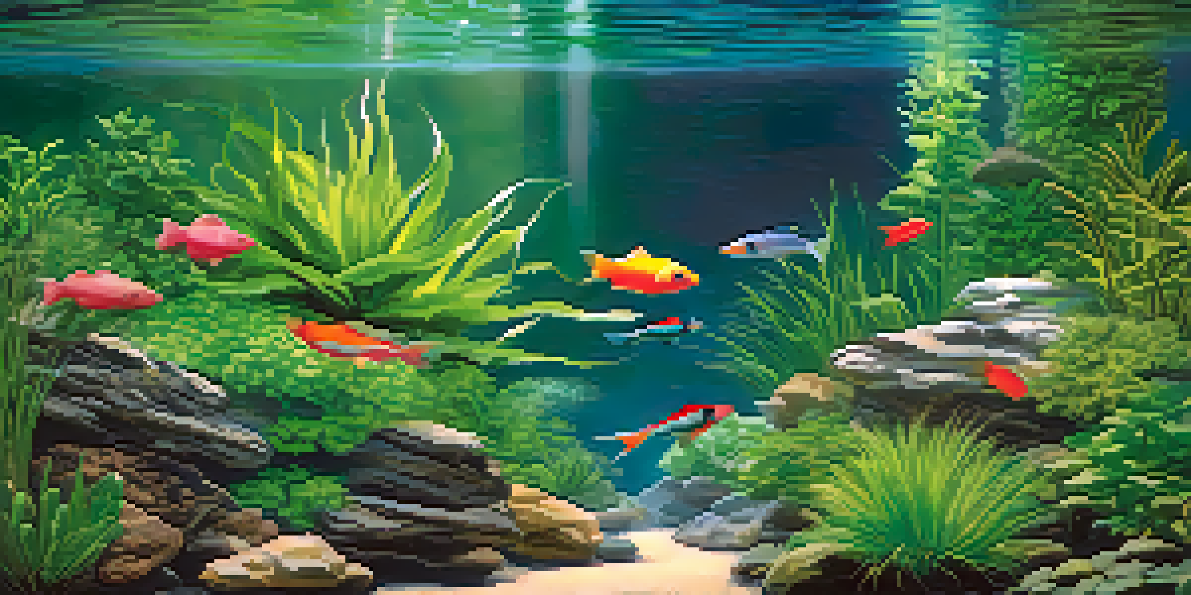A peaceful underwater scene with green plants and colorful fish in a clear aquarium.