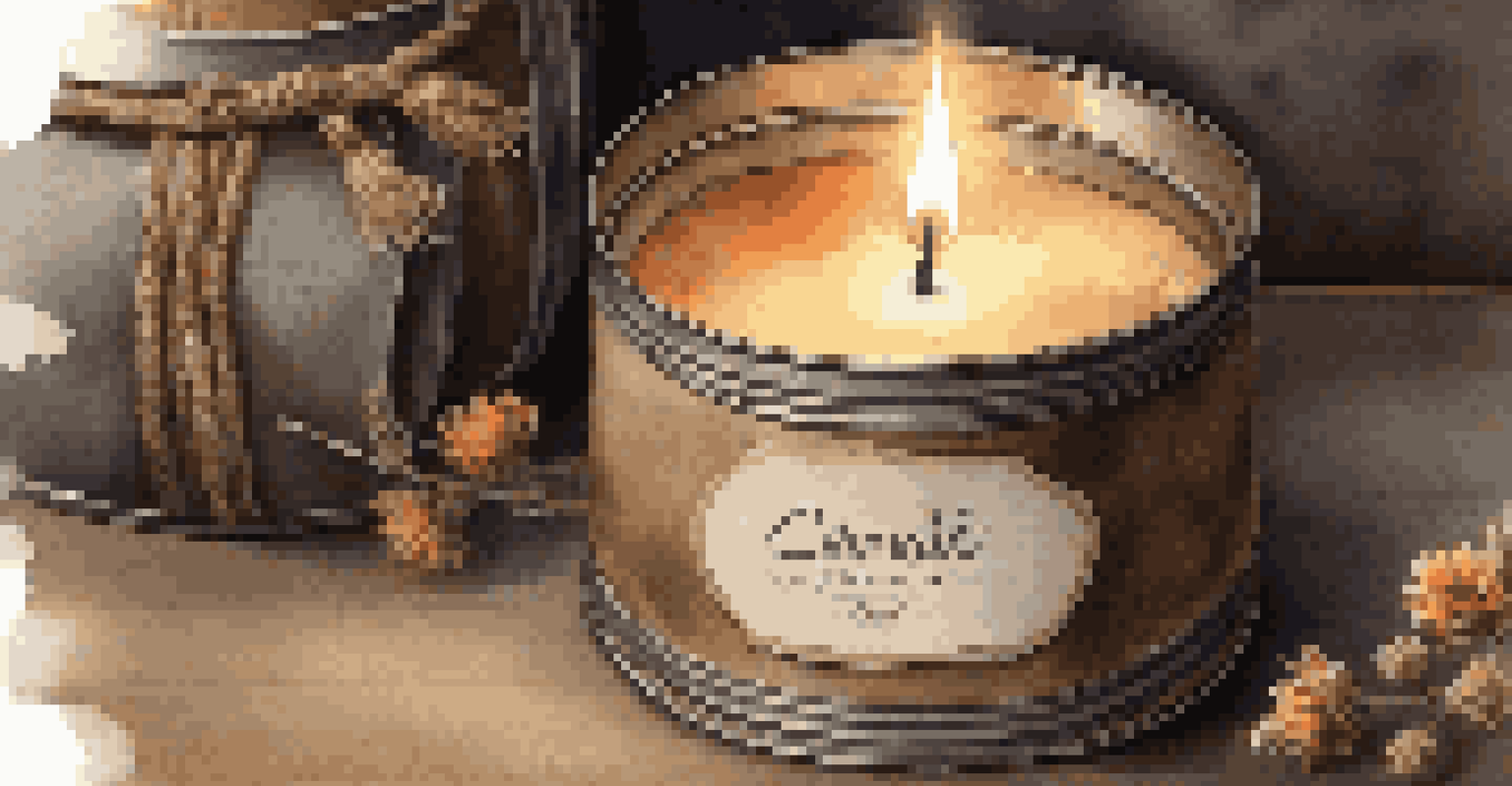 A lit candle in a rustic tin can with a vintage label, surrounded by dried flowers and twine, creating a warm and cozy ambiance.