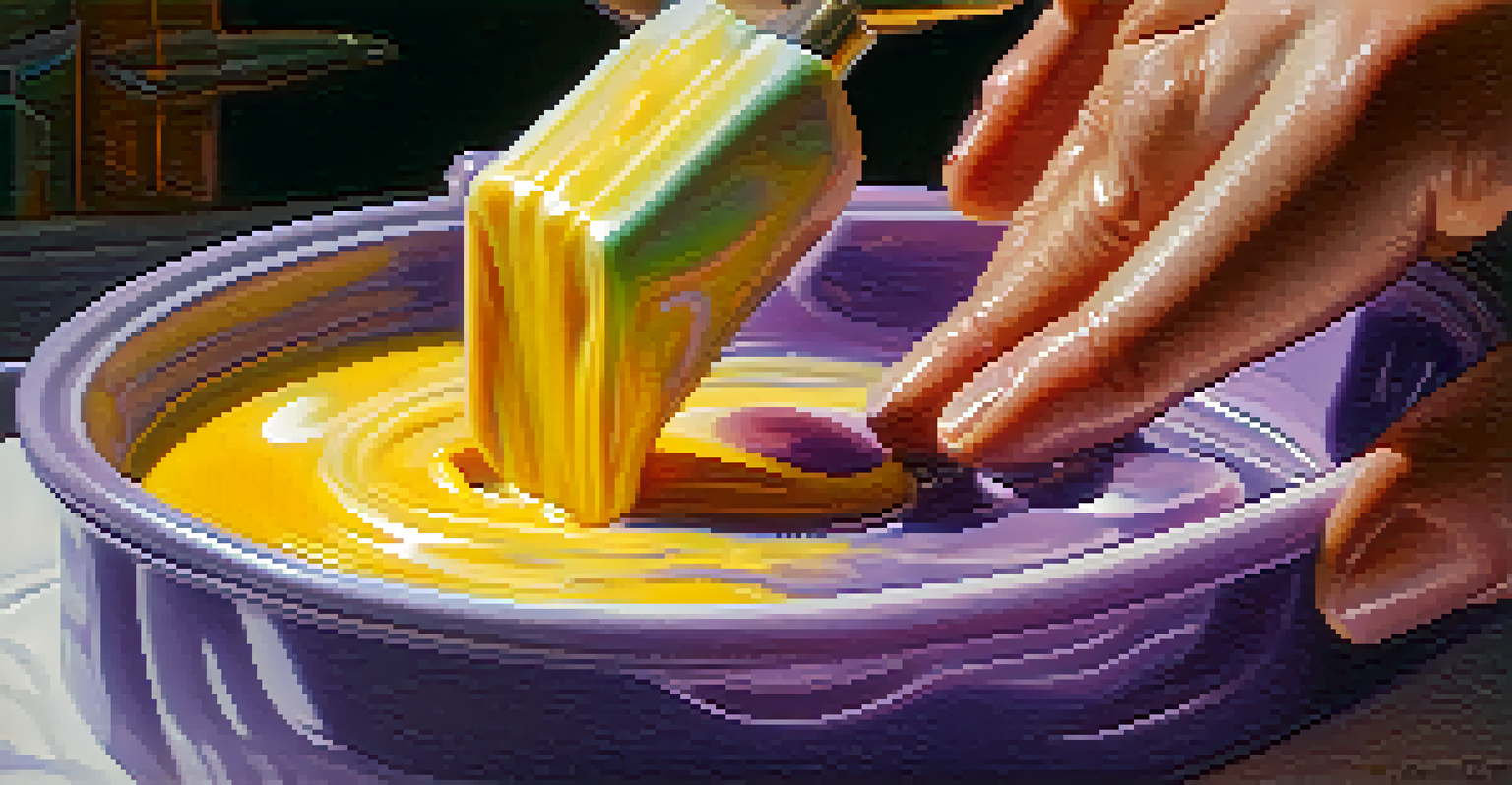 A close-up of hands pouring a colorful melted soap mixture into a mold, with lavender buds being added in a softly lit setting.