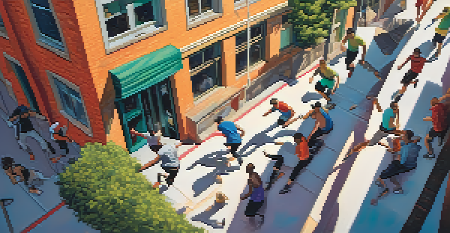 A group of parkour practitioners navigating an urban landscape, showcasing movement and energy.