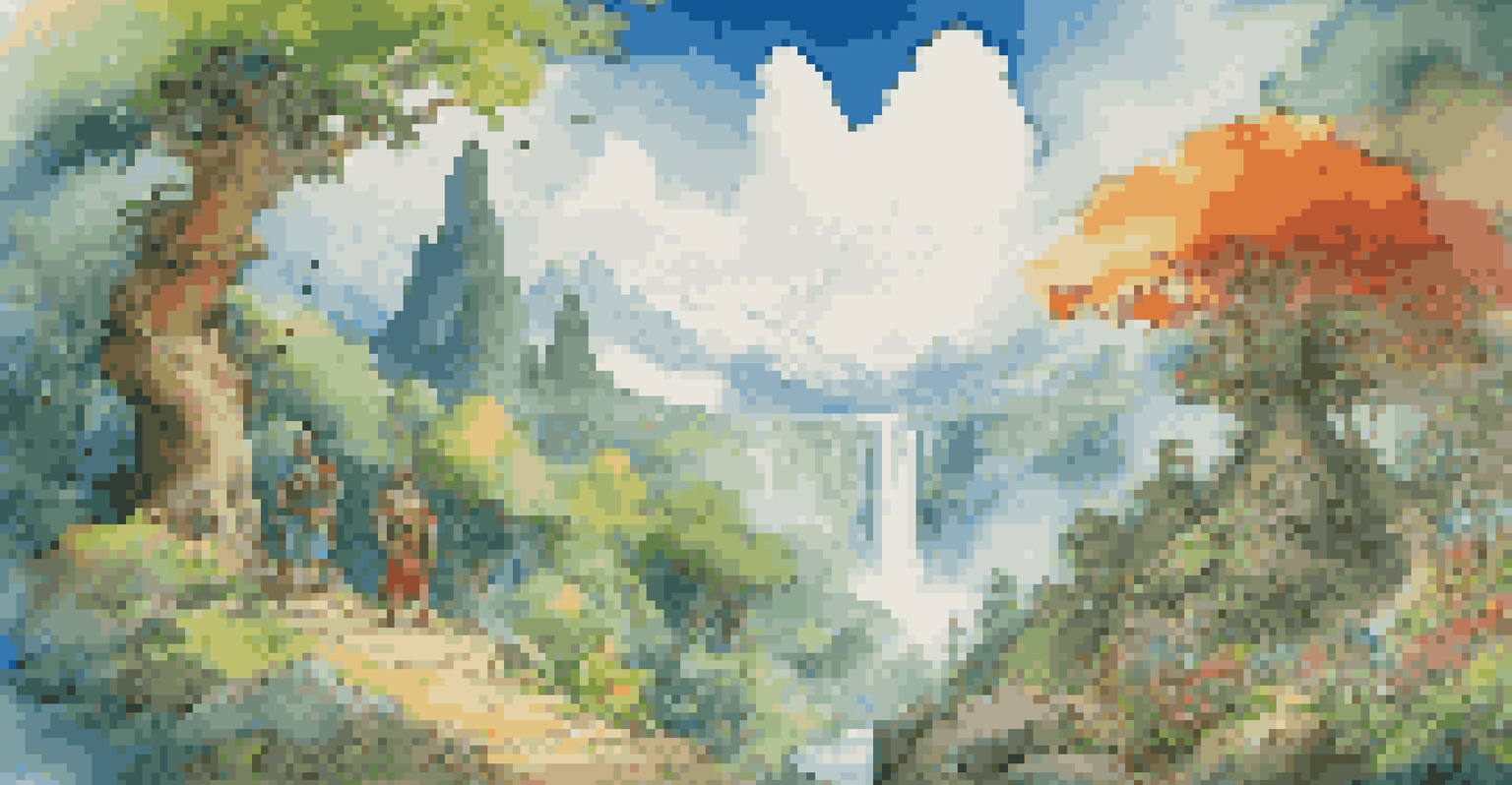 A fantasy landscape with a lush forest, sparkling streams, and colorful flowers. A group of adventurers, including a wizard, warrior, and archer, gaze towards a distant mountain range.