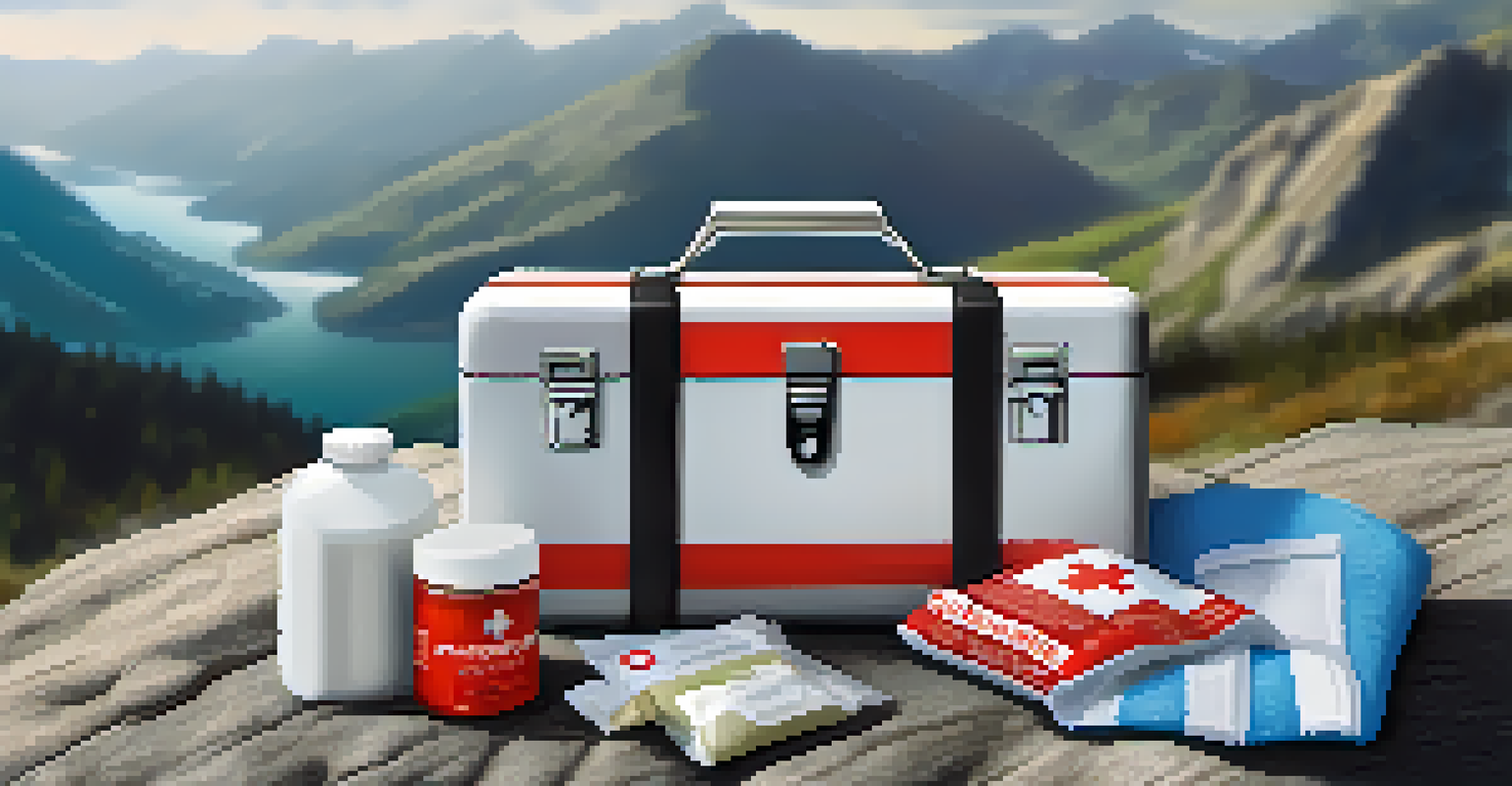 A first aid kit displayed on a rocky surface, showcasing bandages and antiseptic wipes, with a blurred mountain landscape in the background.