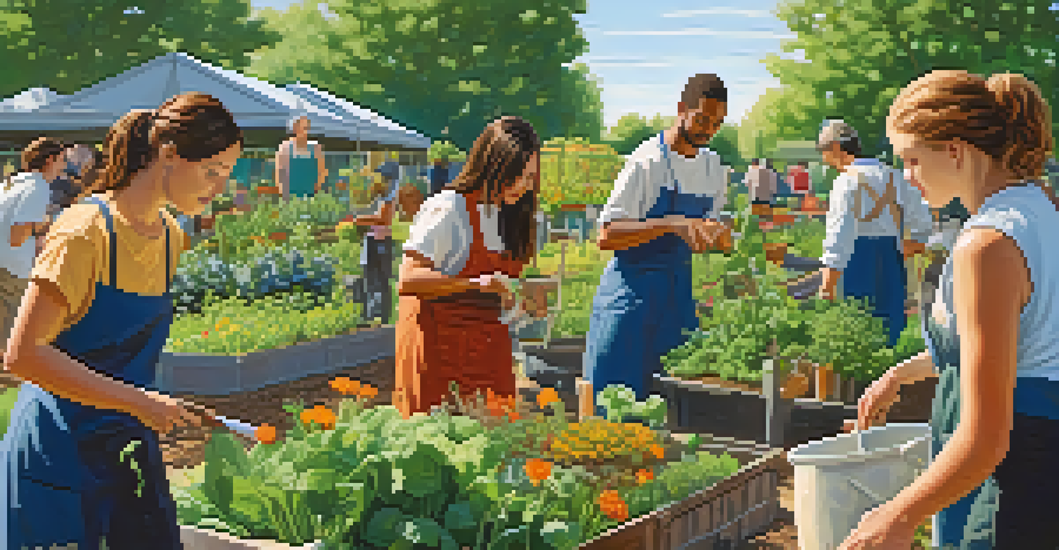 A diverse group of people participating in a community garden, planting and caring for a variety of edible plants and flowers under a bright sky.