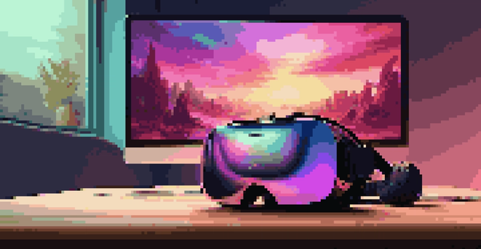 A virtual reality headset on a desk, with ambient lighting and a digital landscape on a monitor in the background.