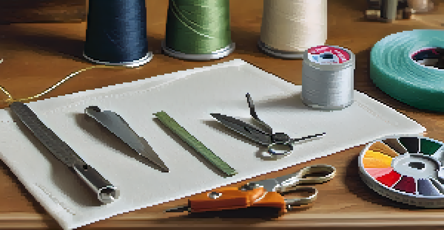 A close-up of high-quality sewing tools like fabric scissors and measuring tools on a textured cutting mat, with a blurred background.