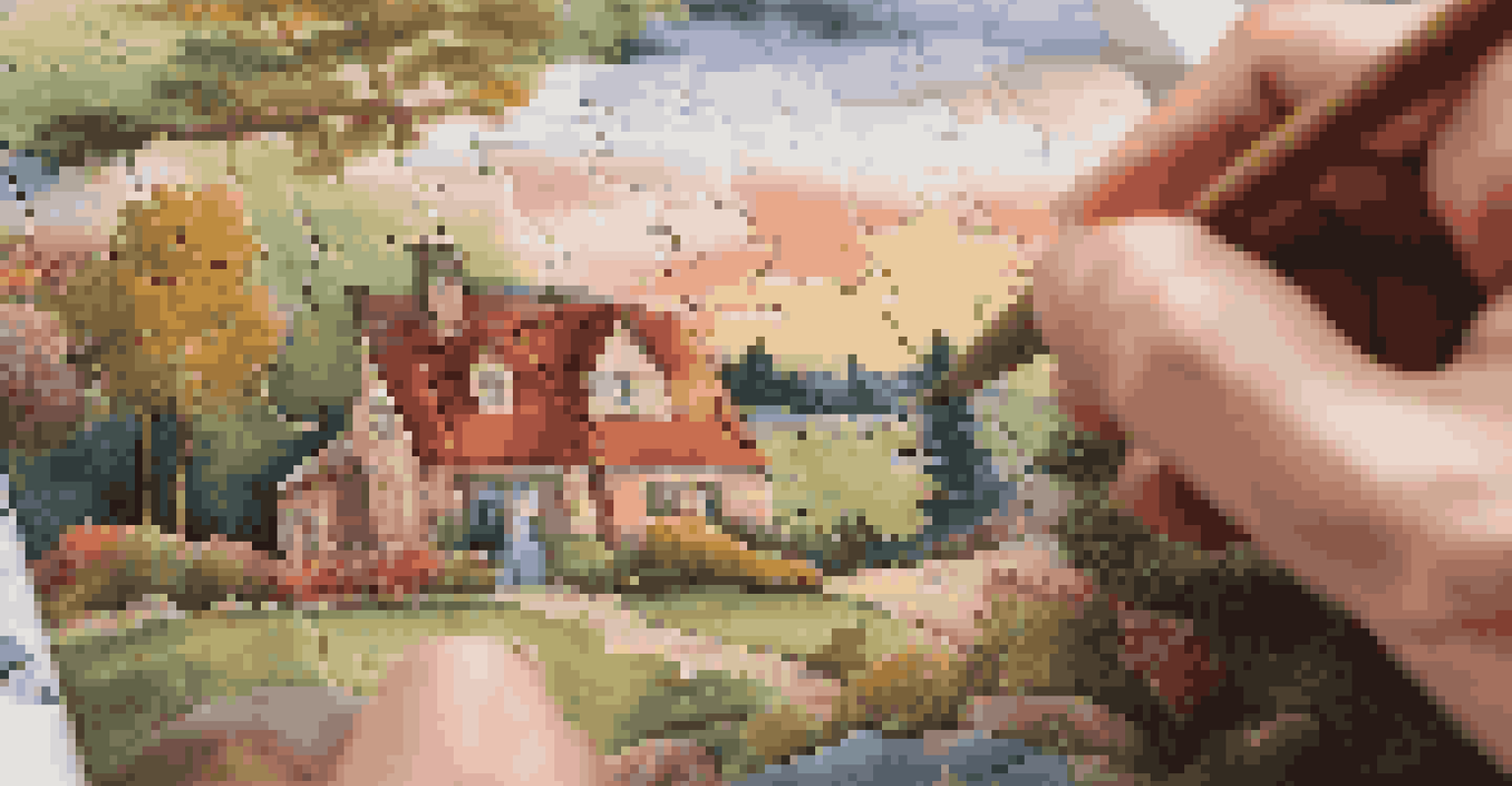 Close-up of an older adult's hands completing a jigsaw puzzle with a colorful landscape, in a cozy living room.