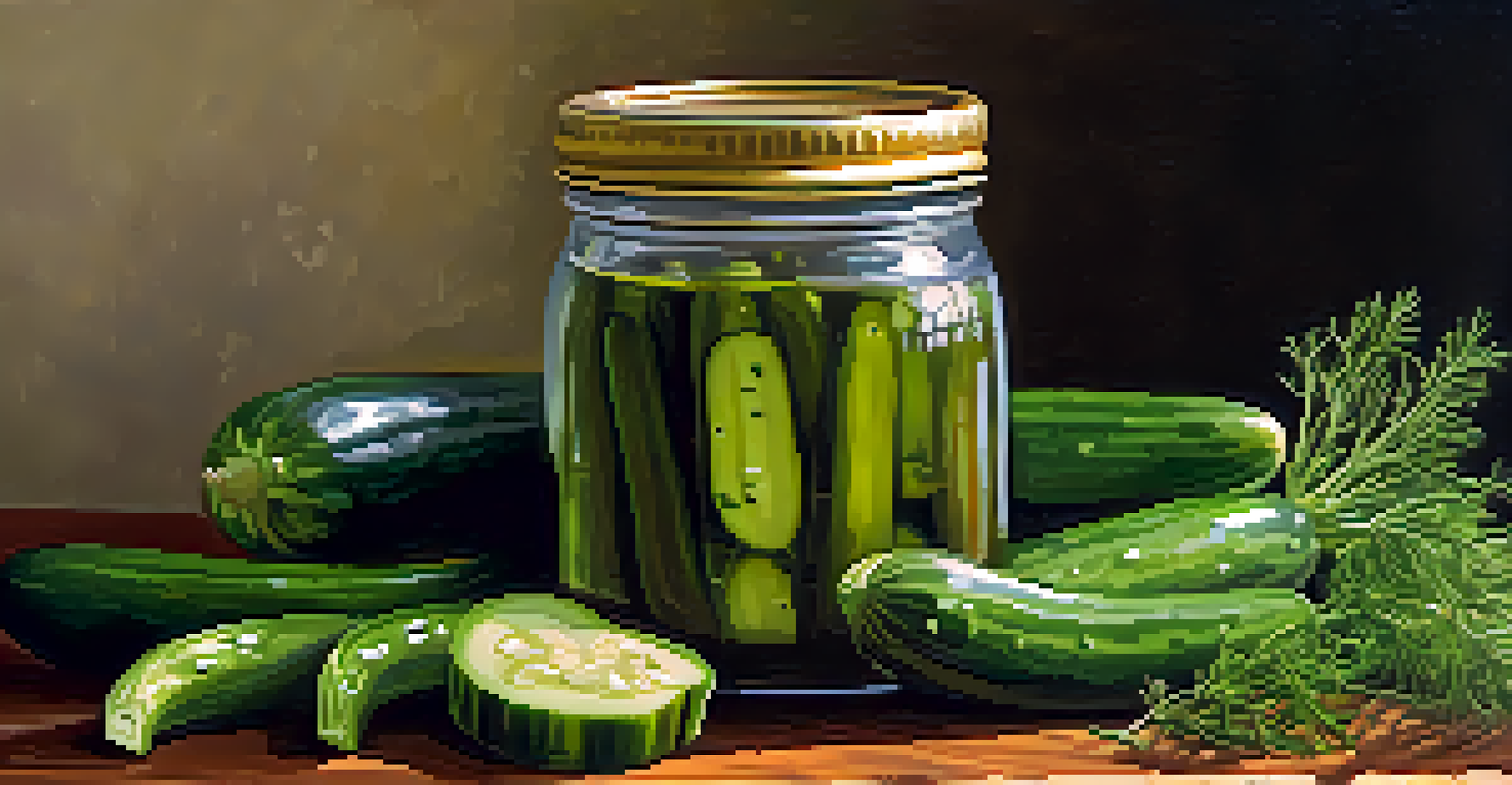 A close-up of a jar of dill pickles with spices scattered around, illuminated by sunlight.