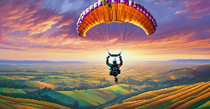 An aerial view of a colorful skydiving parachute against a beautiful sunset, with rolling hills below.