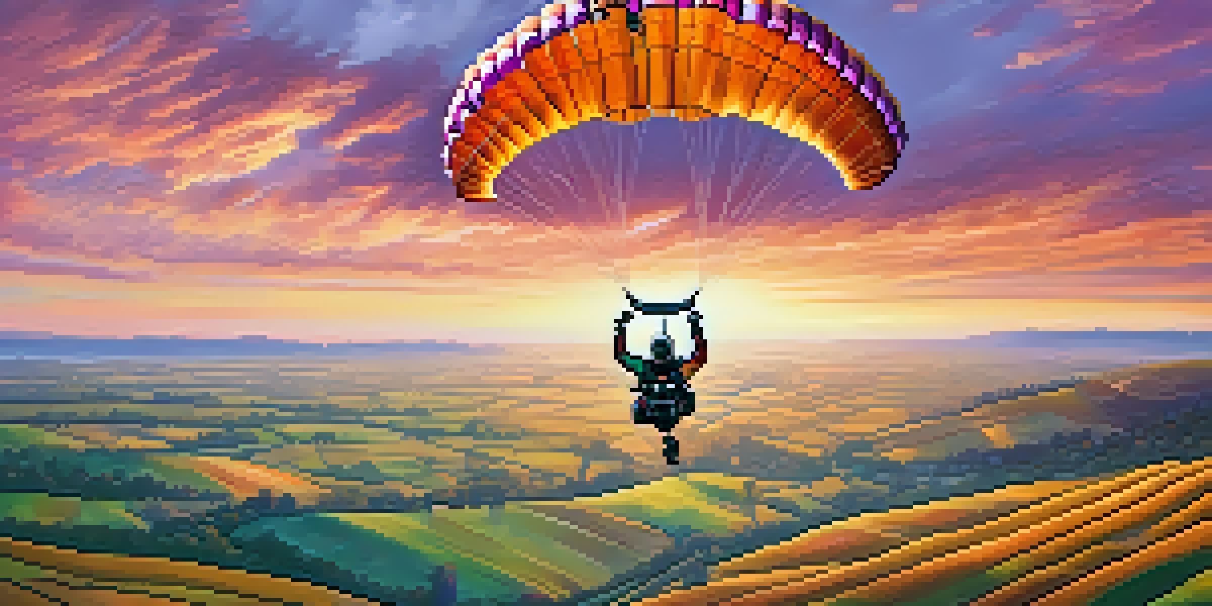An aerial view of a colorful skydiving parachute against a beautiful sunset, with rolling hills below.