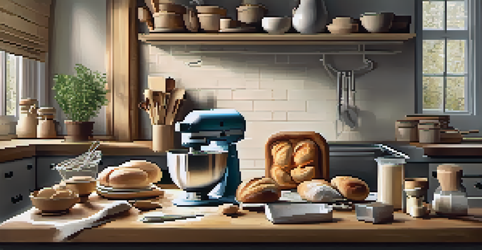 A pastry kitchen displaying a stand mixer, measuring cups, and a rolling pin on a countertop, illuminated by warm light.
