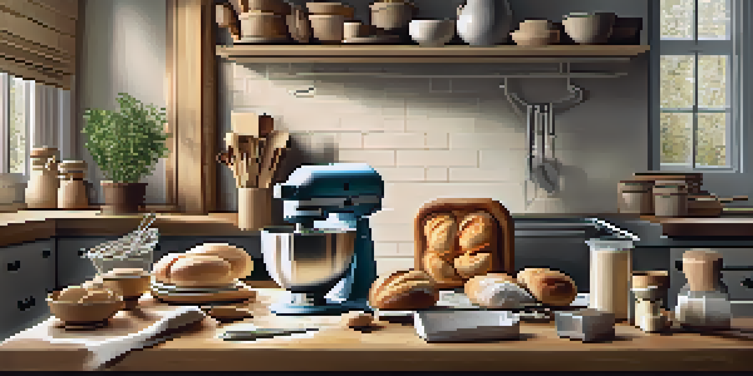 A pastry kitchen displaying a stand mixer, measuring cups, and a rolling pin on a countertop, illuminated by warm light.