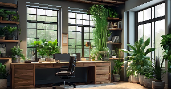 A bright home office with a wooden desk, ergonomic chair, and indoor plants, illuminated by natural light and energy-efficient bulbs.