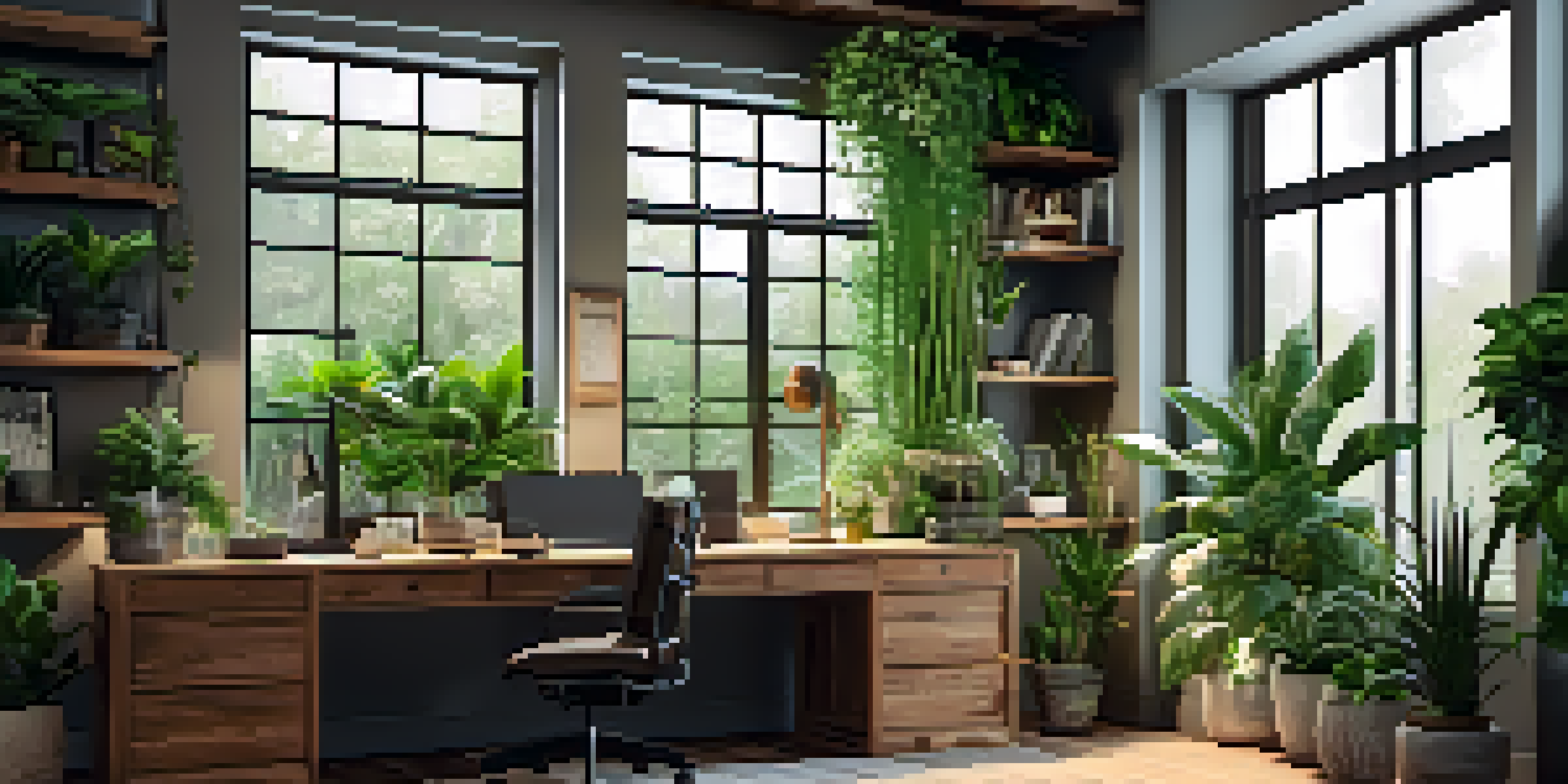 A bright home office with a wooden desk, ergonomic chair, and indoor plants, illuminated by natural light and energy-efficient bulbs.