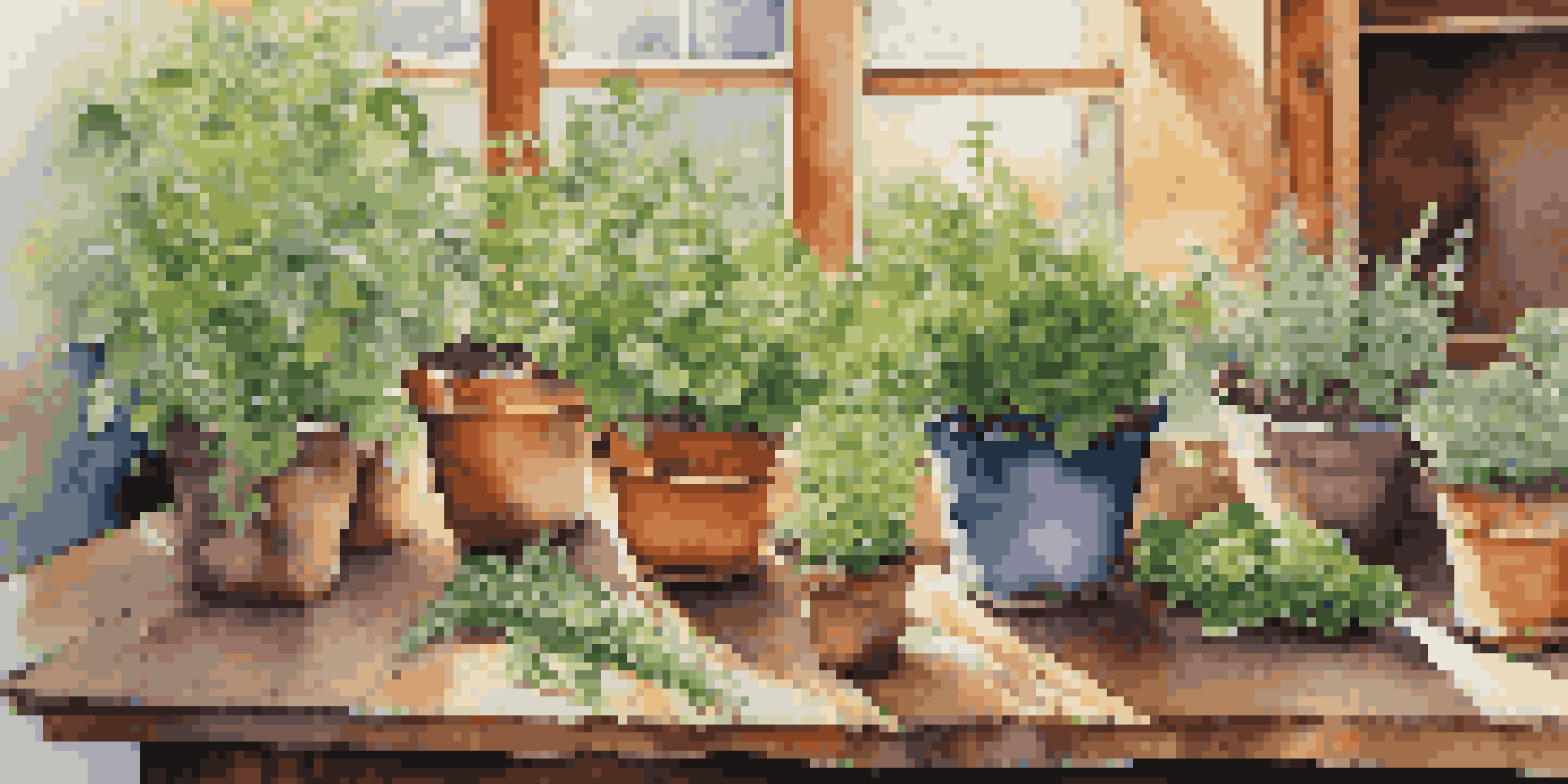 A colorful herb garden with various fresh herbs in pots on a wooden table, sunlight filtering through the leaves, accompanied by gardening gloves and a hand trowel.