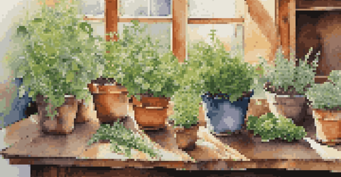 A colorful herb garden with various fresh herbs in pots on a wooden table, sunlight filtering through the leaves, accompanied by gardening gloves and a hand trowel.