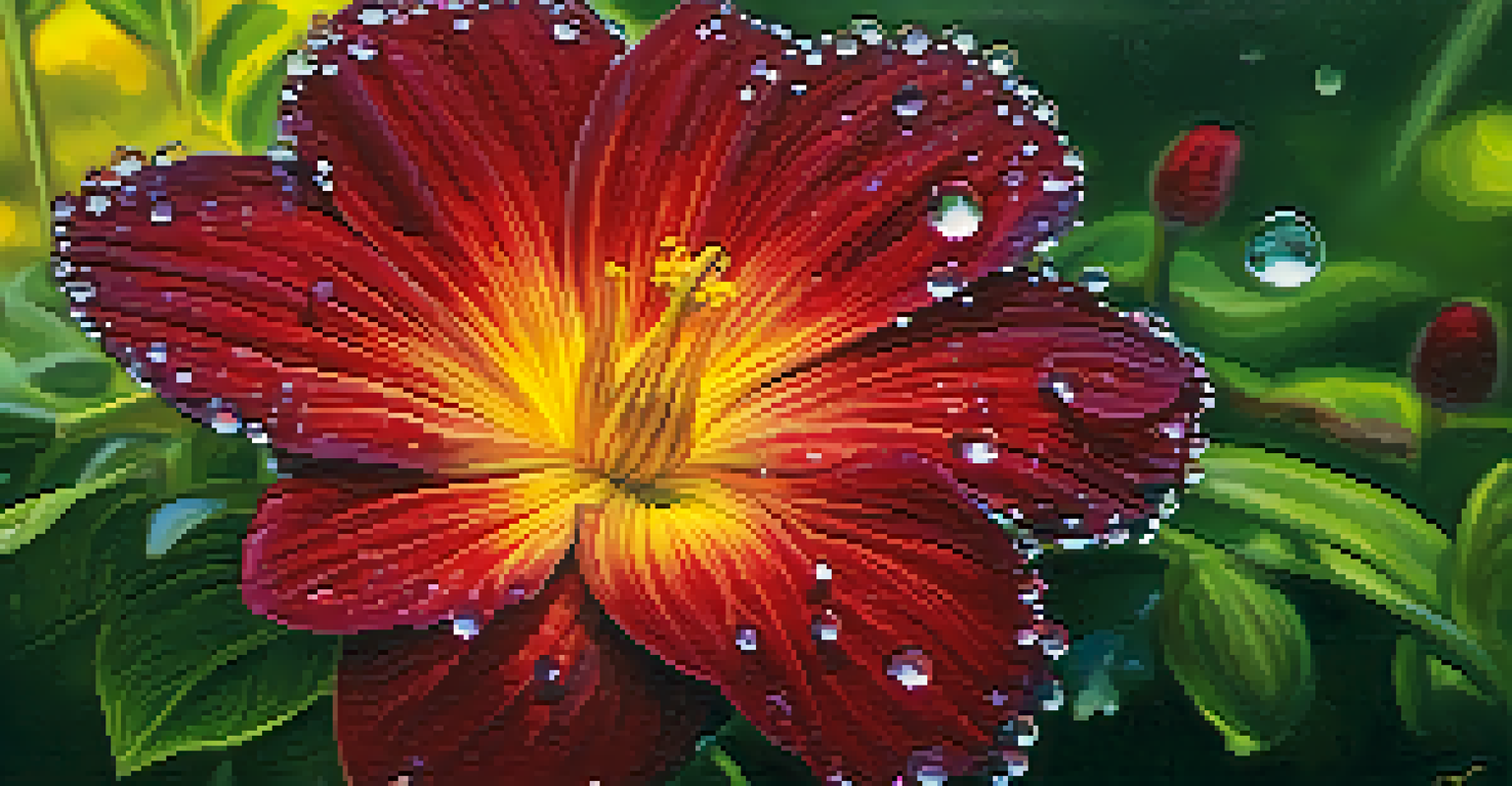 A detailed close-up of a blooming flower with dew drops, set against a softly blurred garden background.
