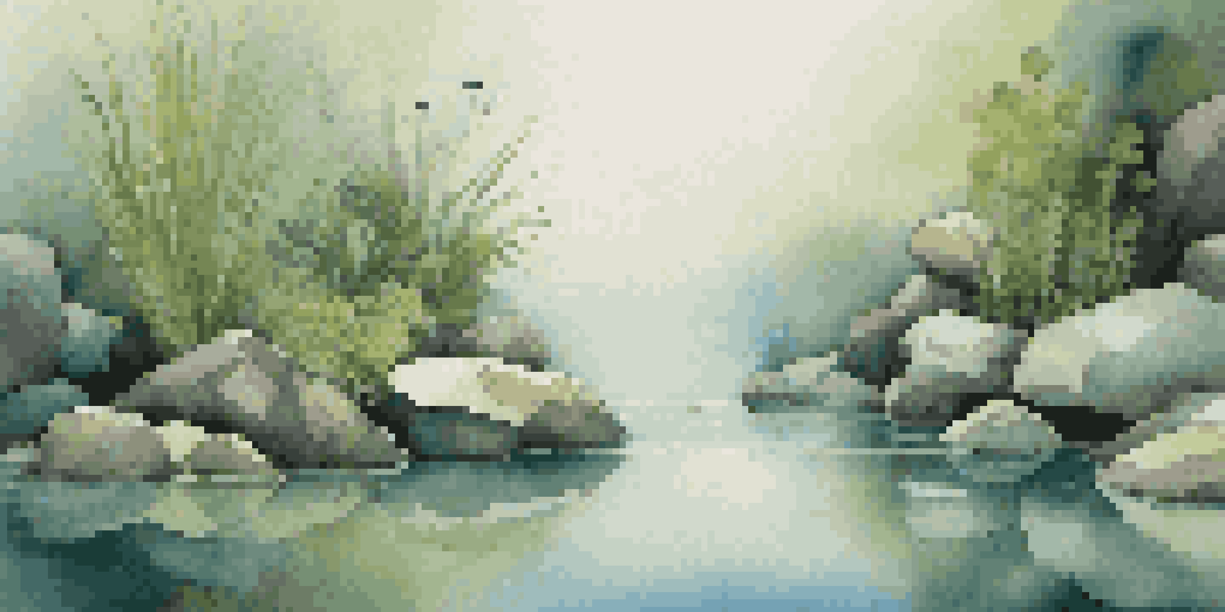 A peaceful underwater scene with green plants and smooth stones, illuminated by soft sunlight.