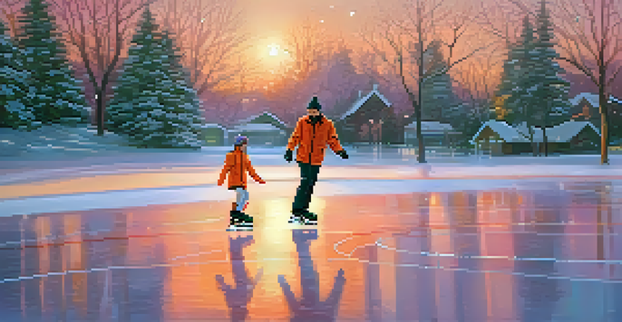 A coach guiding a young skater at a sunset-lit ice rink, with the skater practicing a jump.