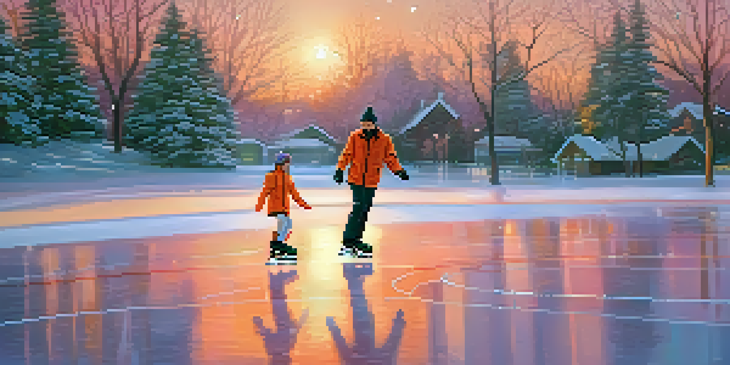 A coach guiding a young skater at a sunset-lit ice rink, with the skater practicing a jump.